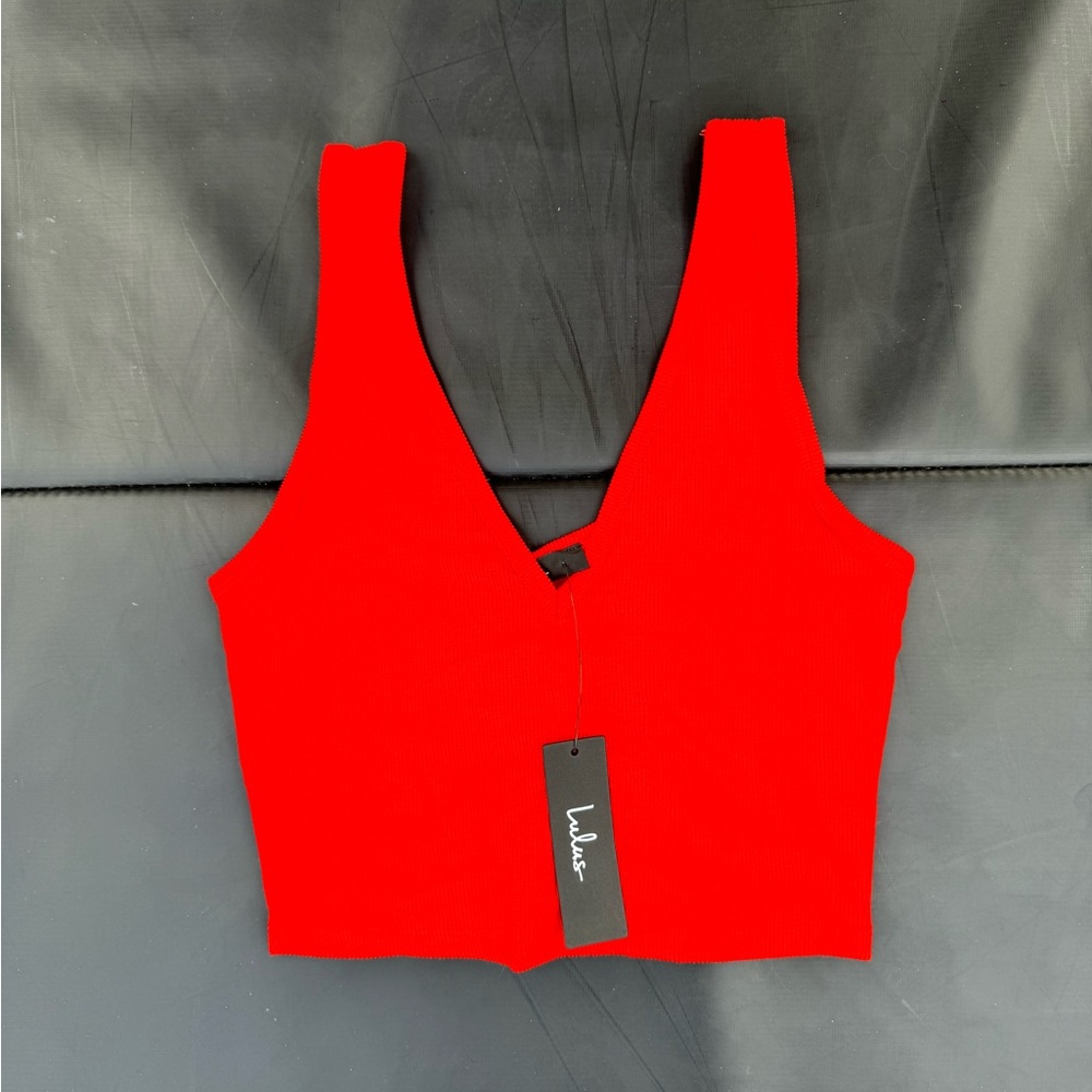 NWT LULUS Easygoing Excellence Red Ribbed Knit Ruched Tank Top coral small S - Picture 16 of 16